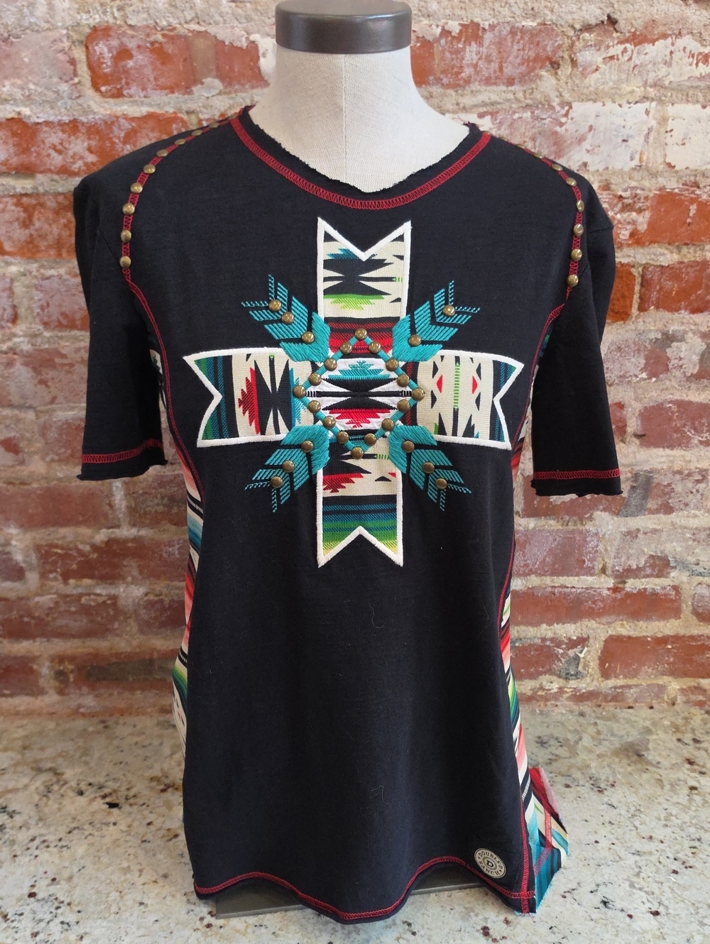 Double D Ranch Black Top Turquoise & Multicolor Aztec Cross - 2094